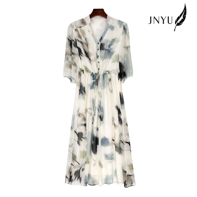 【金羽专属】水墨佳人100%桑蚕丝真丝中长款印花女装连衣裙82393626