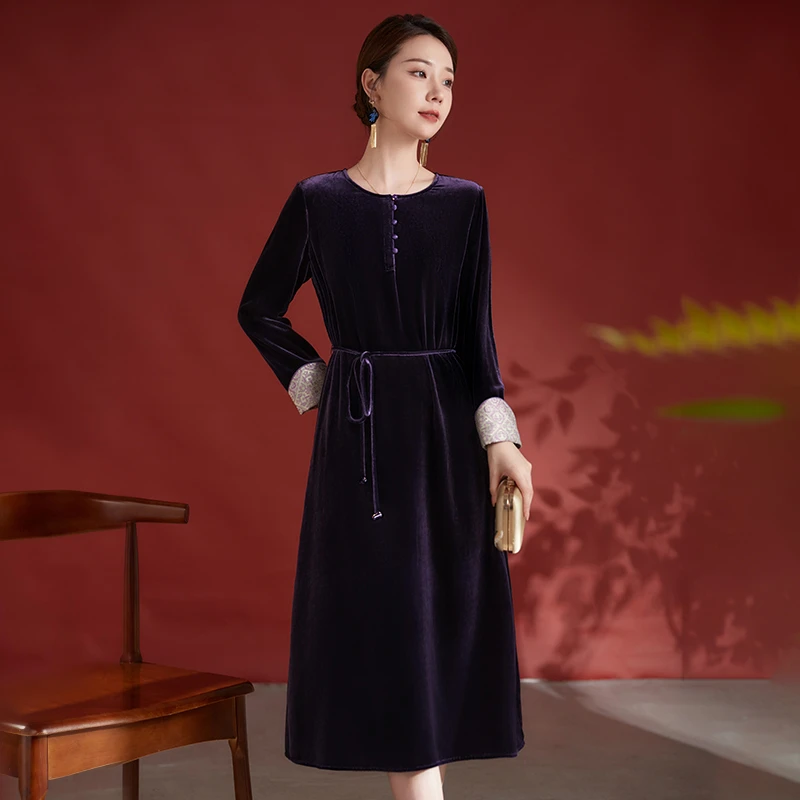 【蝉翼坊】水墨佳人秋季新款桑蚕丝真丝丝绒女装连衣裙82497996