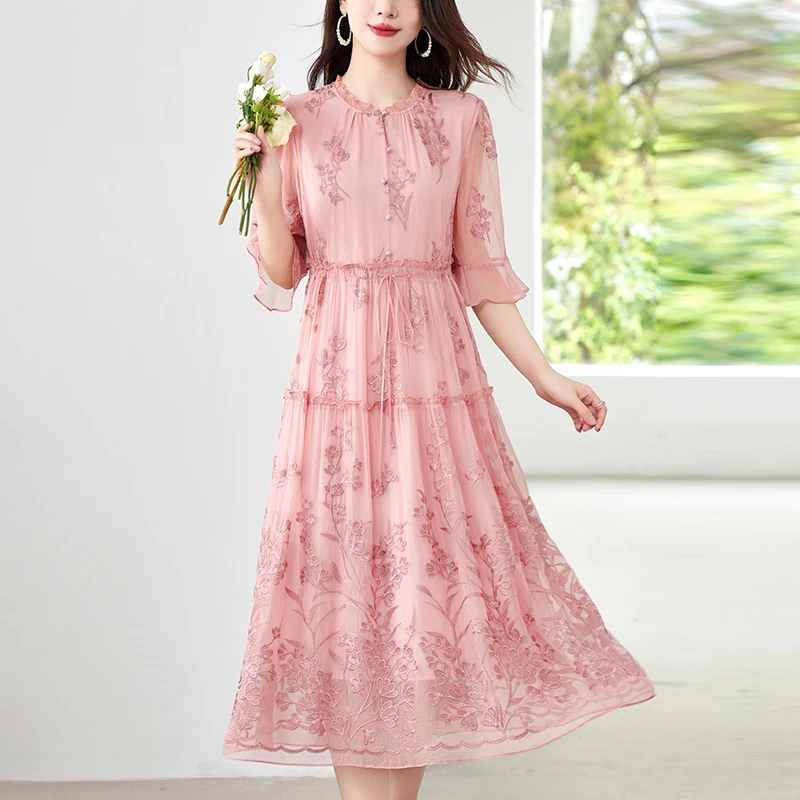 水墨佳人桑蚕丝真丝收腰中长款气质女装连衣裙82497520