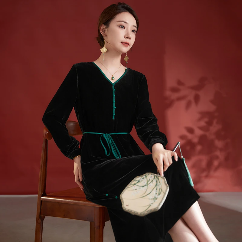 【富春】桑蚕丝丝绒显瘦气质长袖高贵时尚复古连衣裙82497998