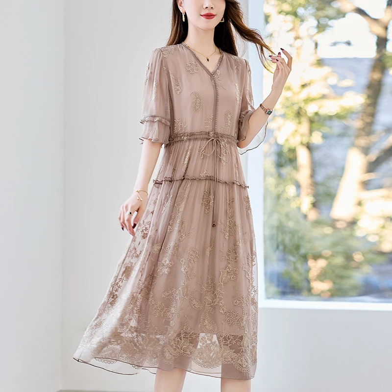 水墨佳人桑蚕丝真丝收腰气质优雅女装连衣裙82497010