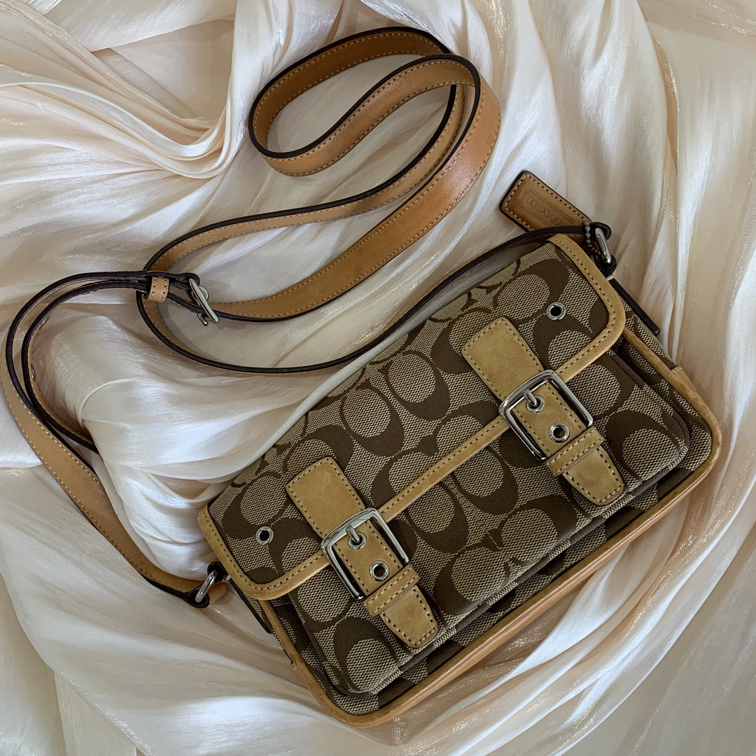 95新 COACH/蔻驰 vintage棕色复古经典老花帆布美拉德单肩相机包