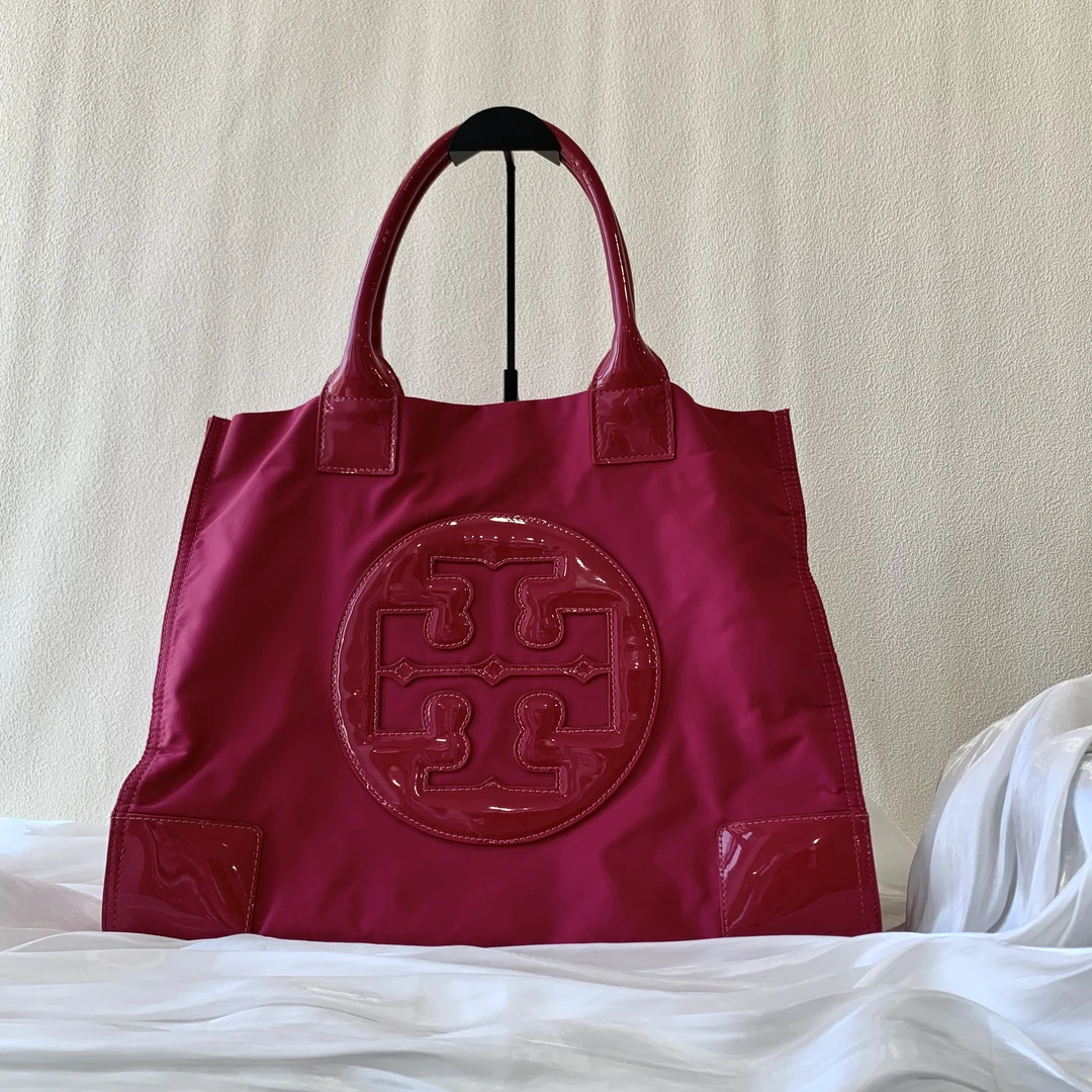 95新 TORY BURCH/汤丽柏琦 经典百搭芭比粉尼龙拼漆皮单肩托特包