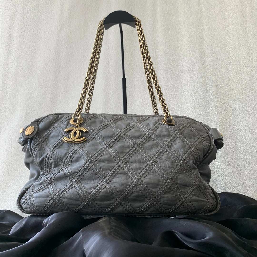 95新 Chanel/香奈儿 外缝线菱格单肩手提相机包vintage灰色中性
