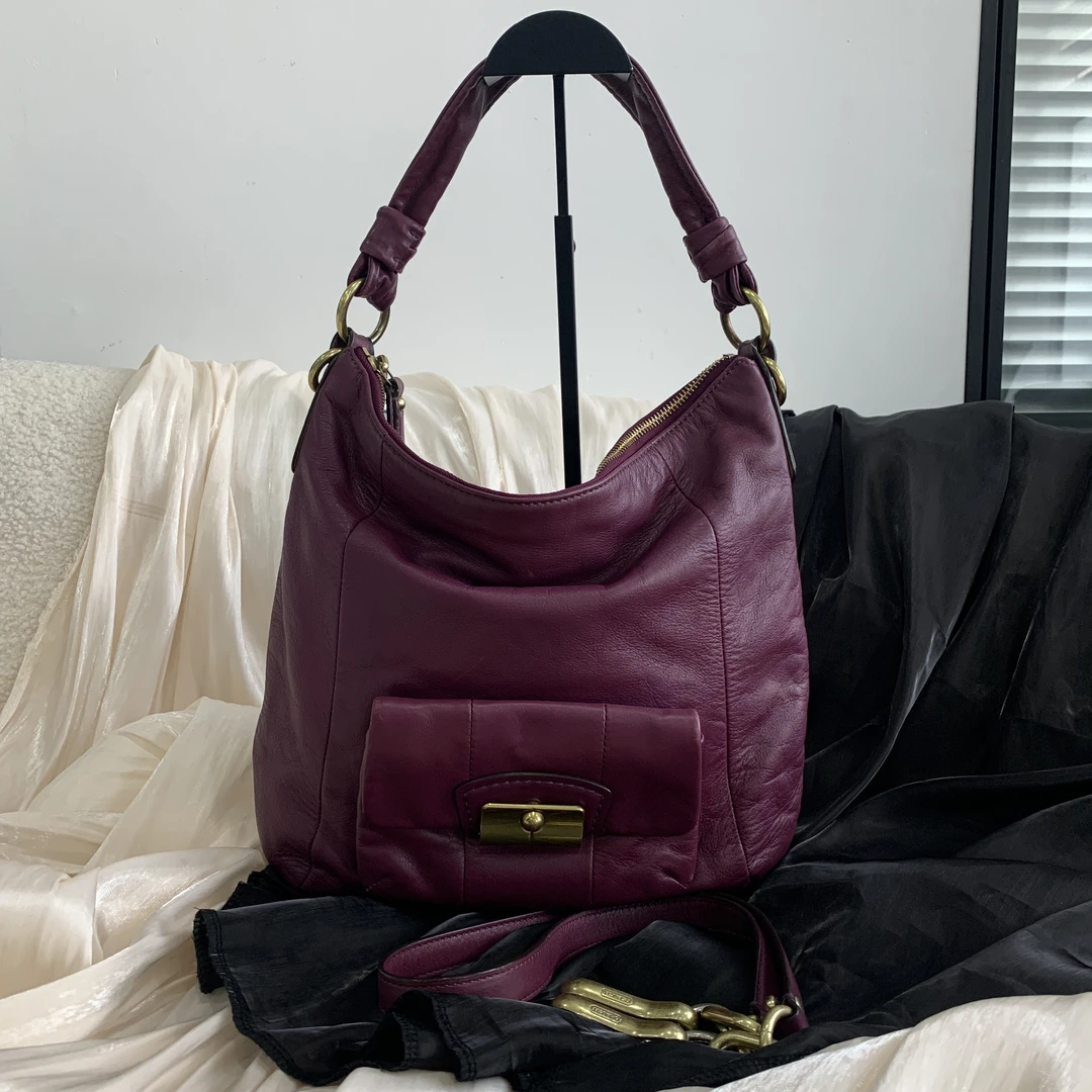 95新 COACH/蔻驰 vintage经典休闲紫色金扣牛角hobo单肩腋下包
