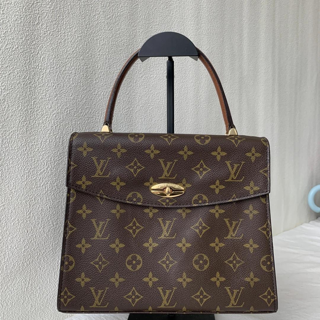 95新 LouisVuitton/路易威登 复古老花翻盖金扣Kelly邮差手提包