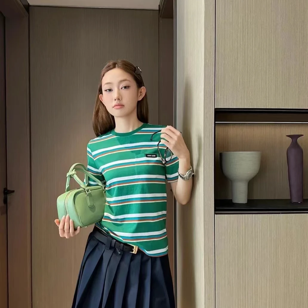 LiLi 夏季新款苹果绿条纹贴袋短袖T恤撞色宽松夏季 161005