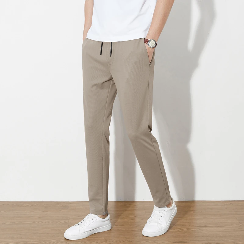 冰感四面弹休闲裤男夏季薄款弹力松紧腰系带男士抗皱休闲运动长裤