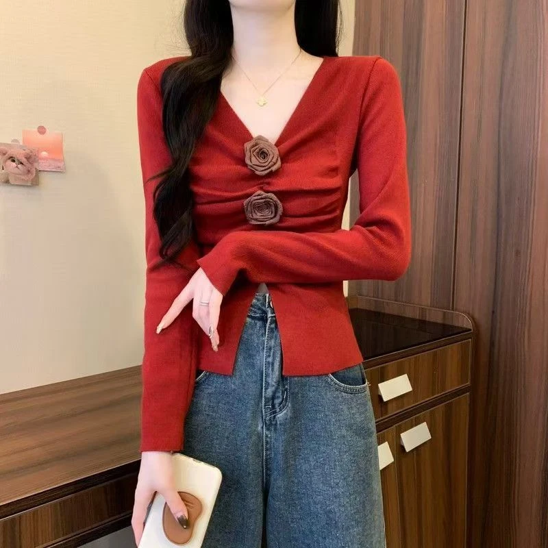 法式秋冬蝴蝶结系带斜肩安可拉红色上衣女秋季款设计感内搭打底衫