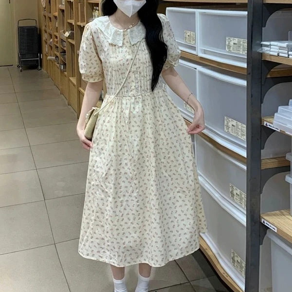 小清新碎花夏装2024新款初中高中学生娃娃领甜美长裙子
