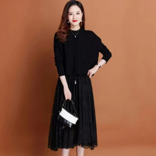 Q075秋冬新款修身显瘦两件连衣裙气质中长款百搭打底洋气时尚马甲
