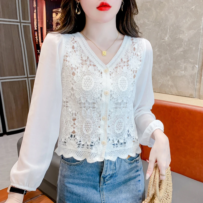 法式复古设计感拼接瑞丽镂空钩花v领小众雪纺泡泡袖针织衫衬衫女