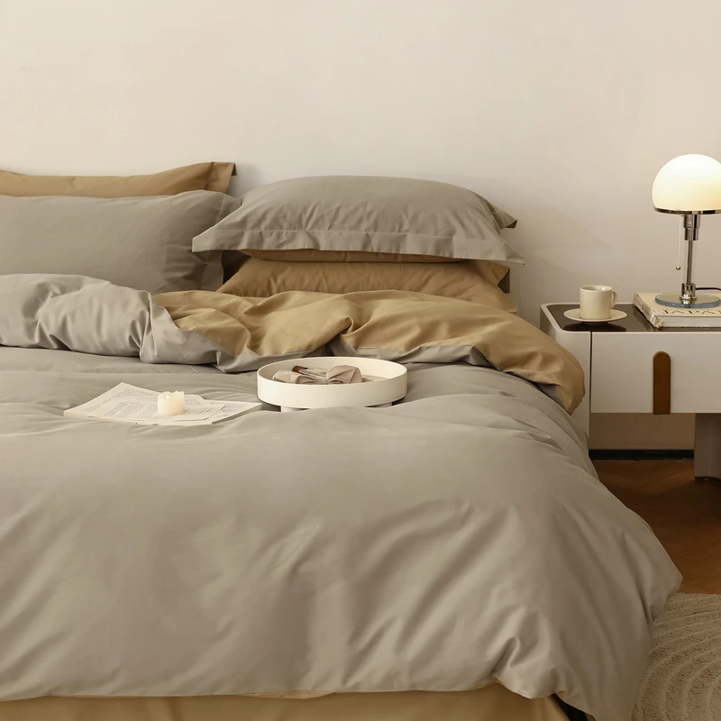 秋冬新款100S全棉磨毛舒适简约纯色轻奢日式透气纯棉四件套