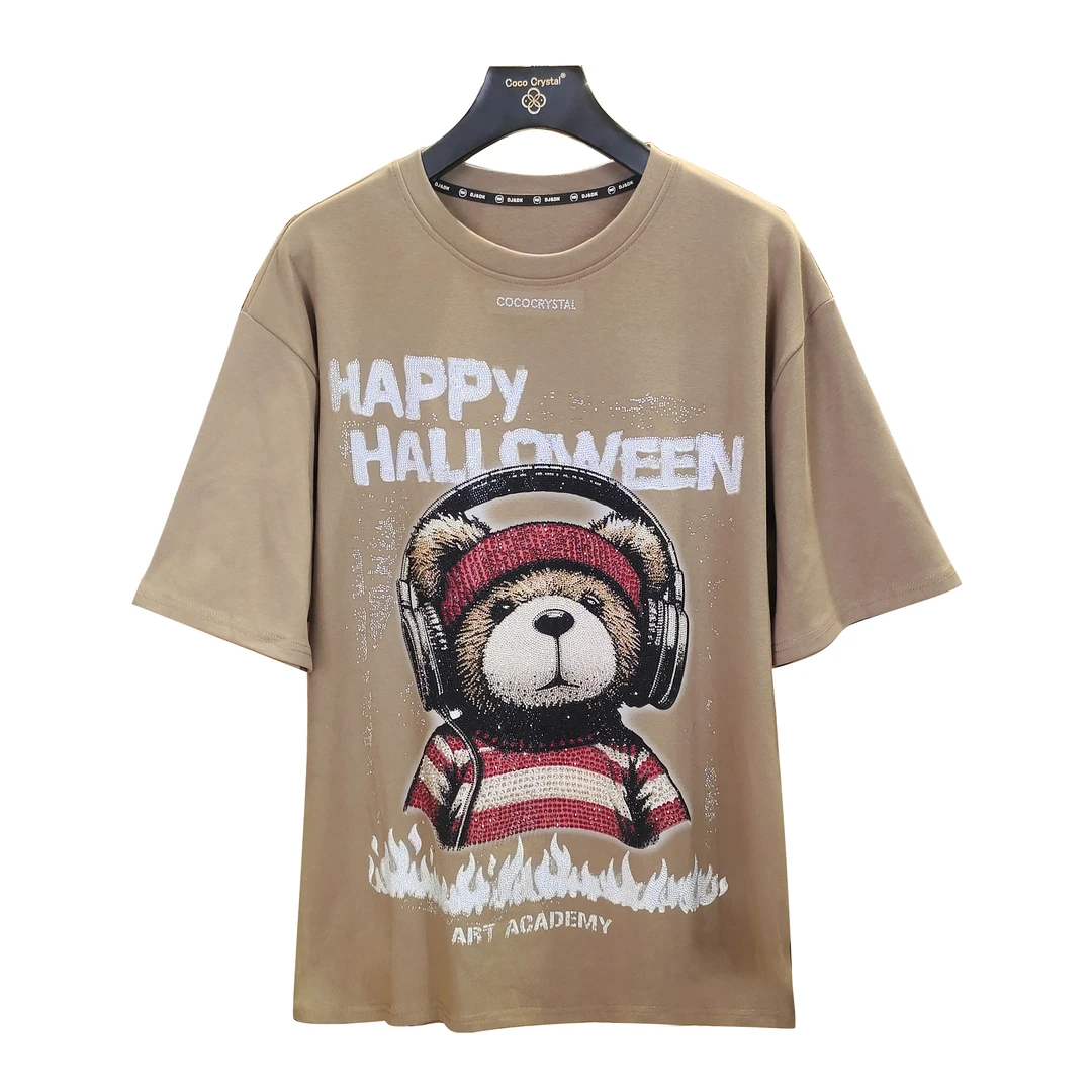 戴耳机小熊图案潮牌T恤