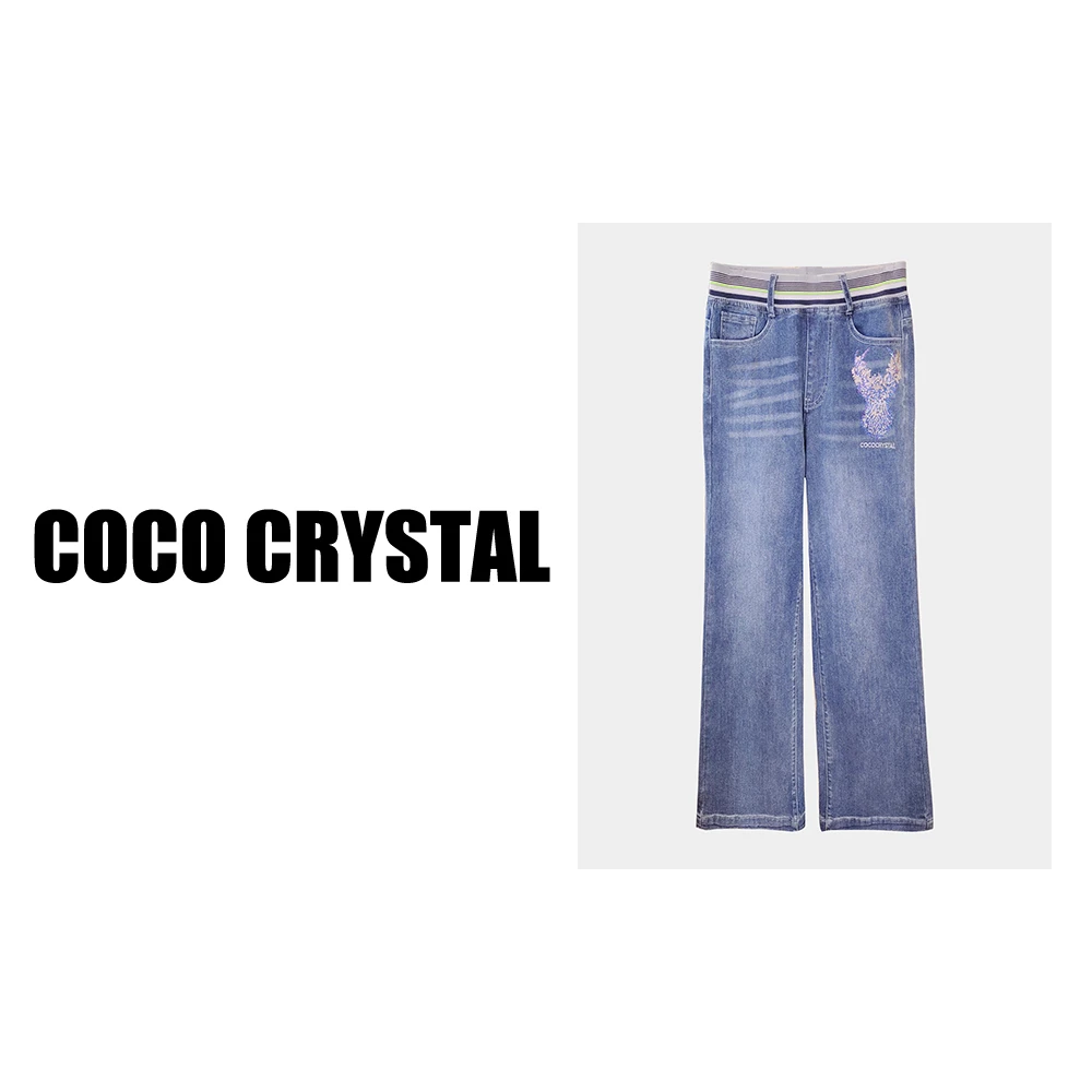 高弹力花朵鹿图案牛仔直筒裤