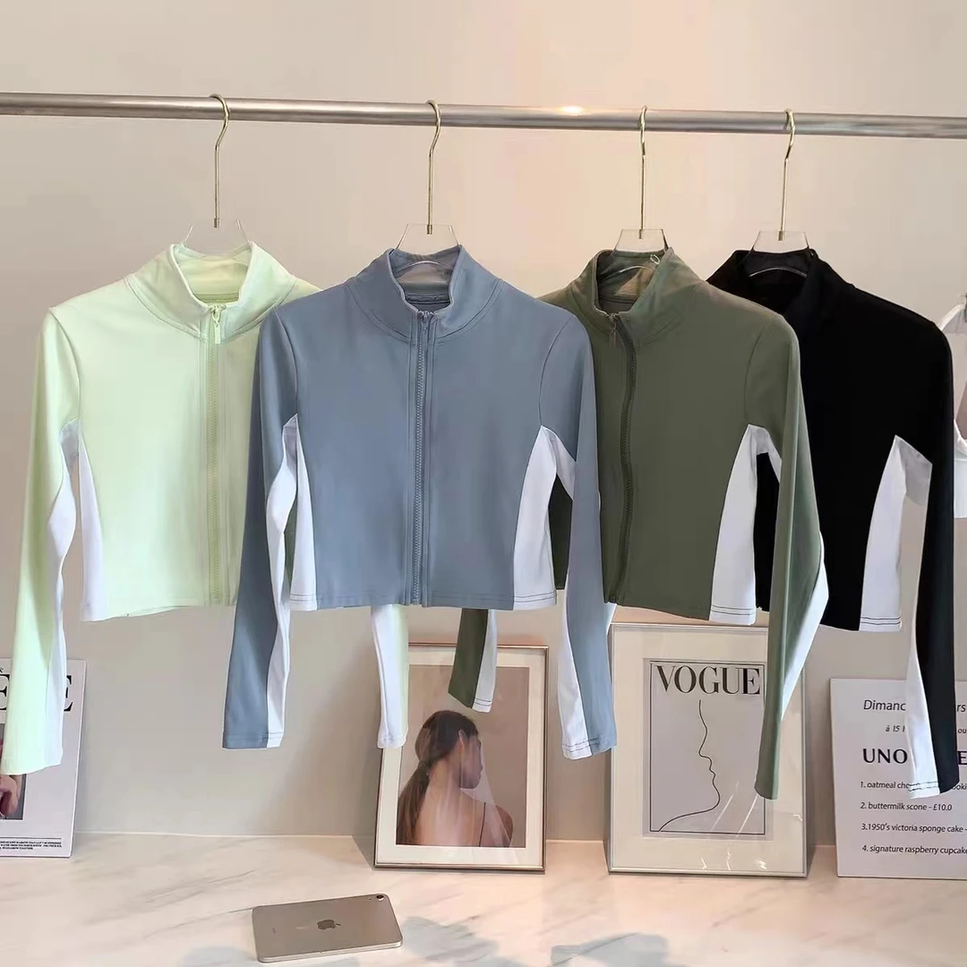 春季短款立领拼色瑜伽拉链外套女修身显高长袖开衫跑步健身运动服