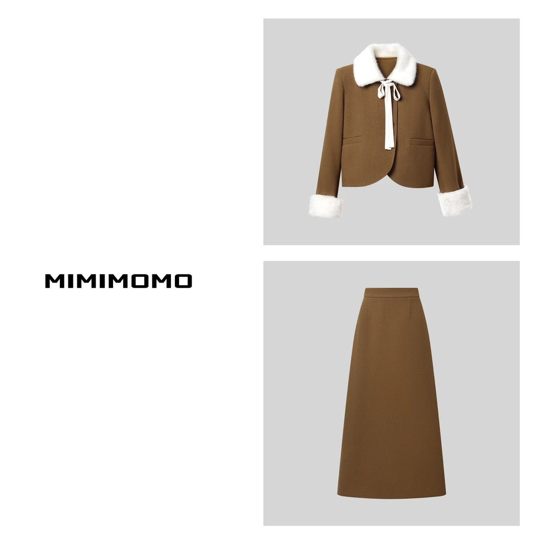 MIMO觅墨「焦糖曲奇」绑带毛领厚呢短外套+高腰半身裙两件套套装