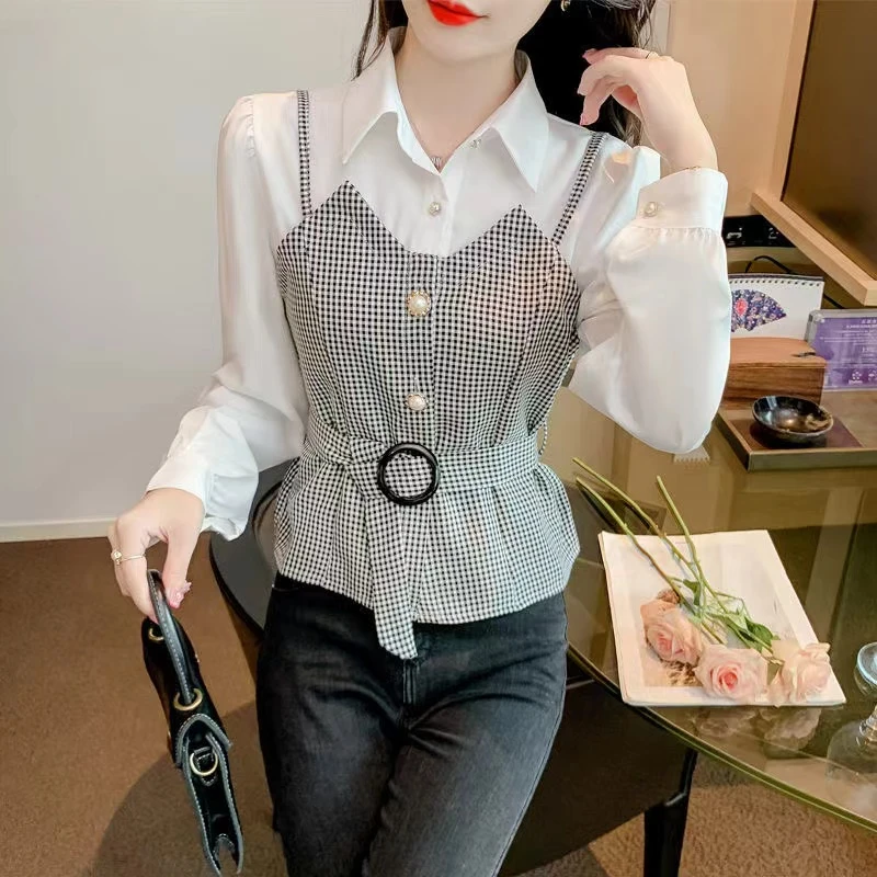 小个子春秋季新款撞色拼接衬衣收腰设计感小众内搭显瘦百搭上衣
