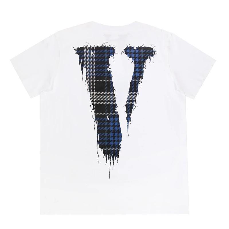 VLONE破坏格子布短袖白色时尚休闲夏季宽松显瘦印花百搭情侣圆领