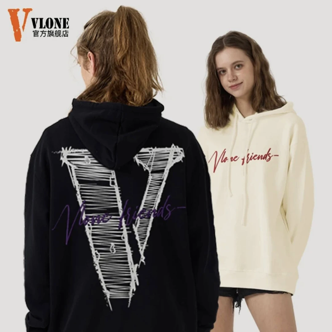 VLONE【24FW】草写刺绣字母素描风大V印花连帽卫衣美式高街宽松休闲