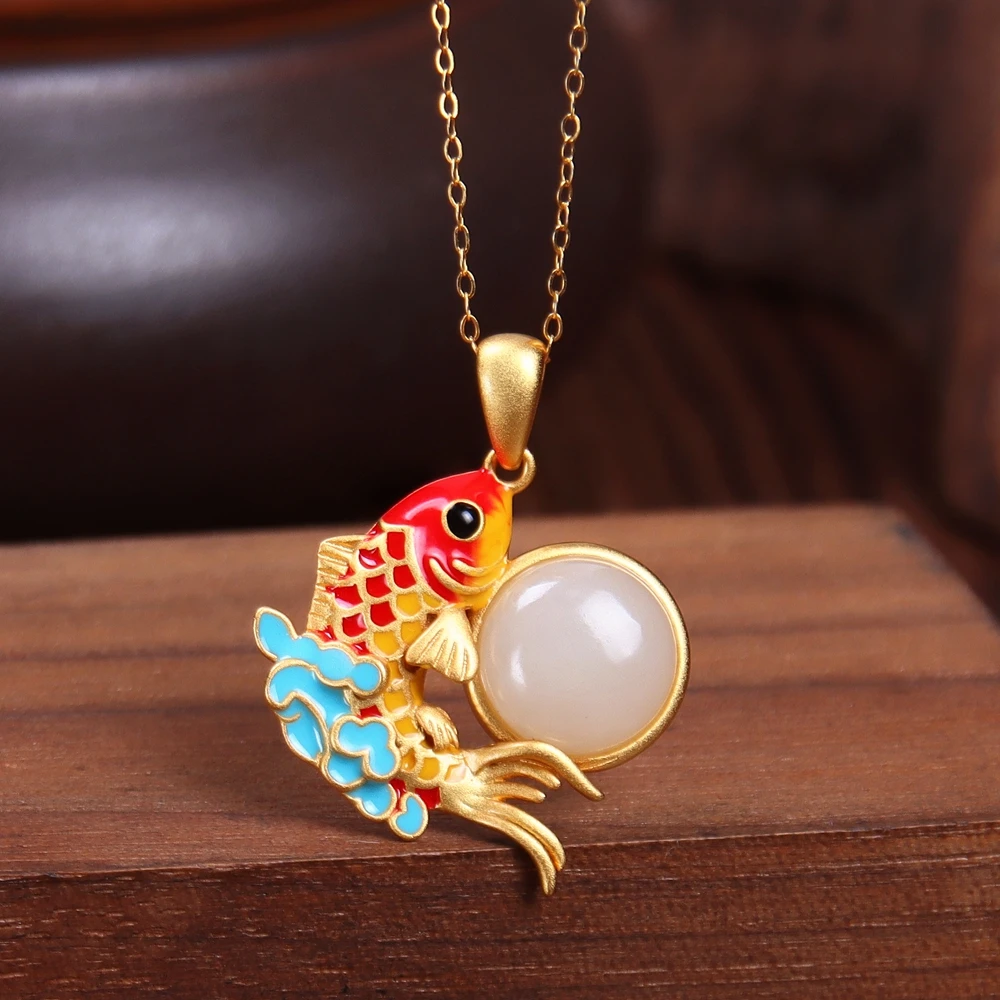 和田玉吊坠（年年有余）玉石镶嵌S925景泰蓝防过敏首饰国潮古法银