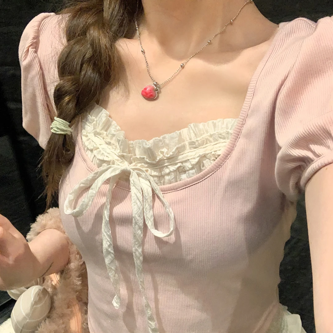 小众粉白系带法式短袖T恤女外穿2024修身打底减龄泡泡袖上衣显瘦