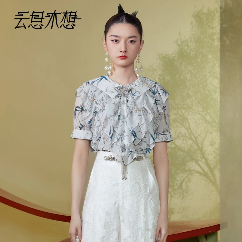 Ysimo-X云思木想原创中国风2024夏季印花荷叶边可卸蝴蝶衬衫11700