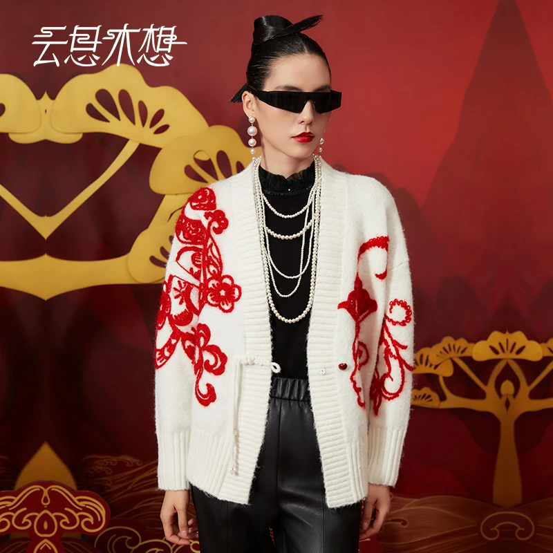 Ysimo-X云思木想红媚佳人重工绳绣软糯优雅含绵羊毛毛针织衫12660