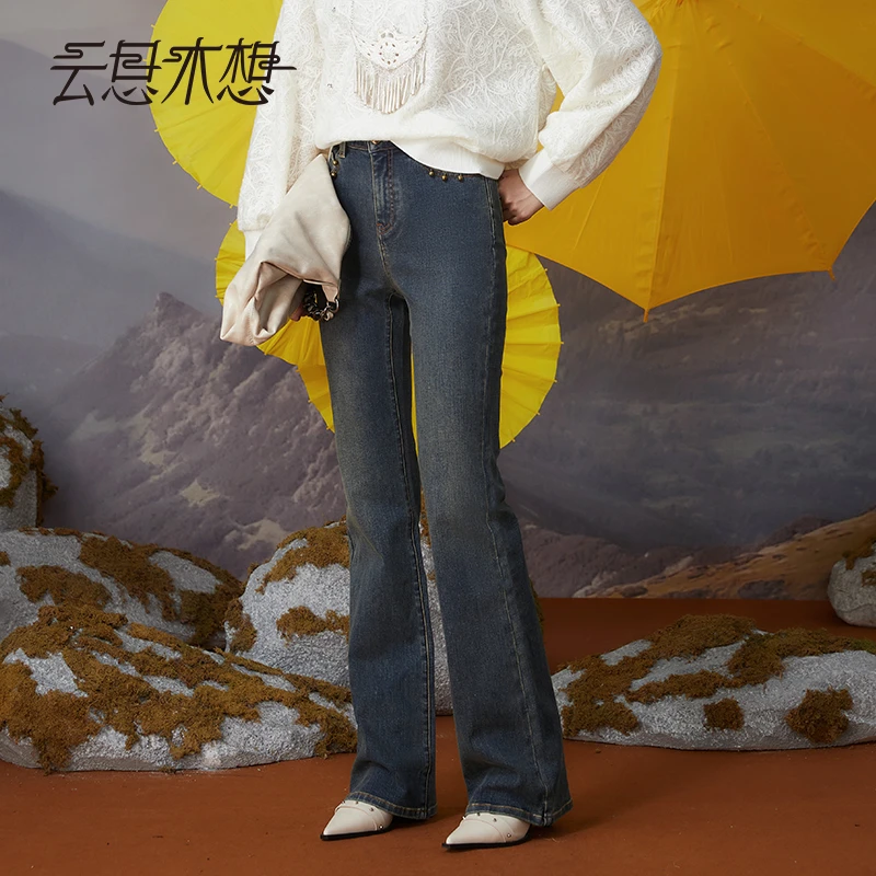 Ysimo-X云思木想摩登国风女装2024秋季扣子装饰微喇叭牛仔裤12166