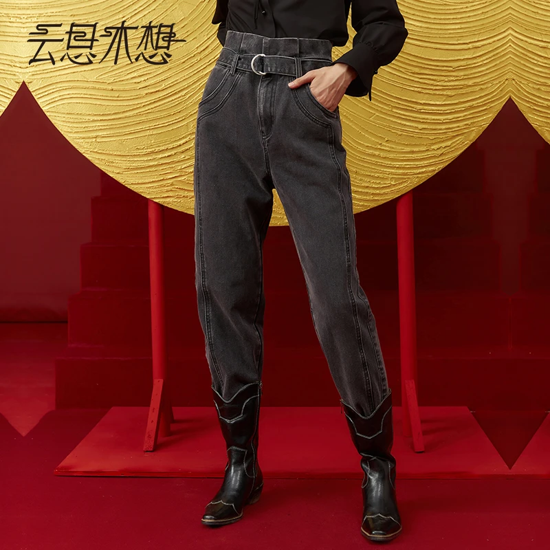 云思木想摩登中国风2023春季新款纸袋式高腰直筒牛仔裤10198