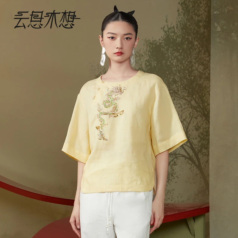 Ysimo-X云思木想新中式2024夏季新款飞龙直上绣花亚麻衬衫11969