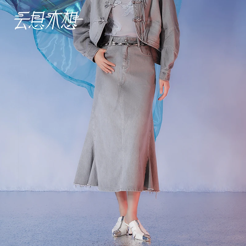 Ysimo-X云思木想摩登国风女装2024秋季新款鱼尾裙牛仔半身裙12046