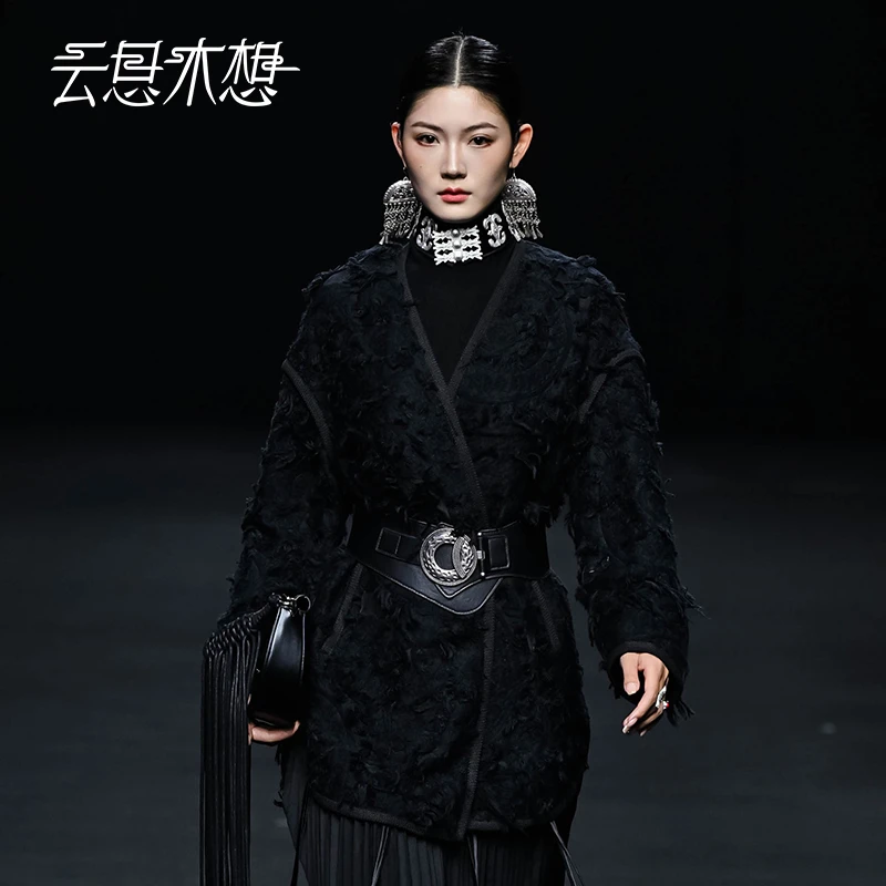 Ysimo-X云思木想 花好月圆 织带包边立体剪花黑色秋冬外套12218