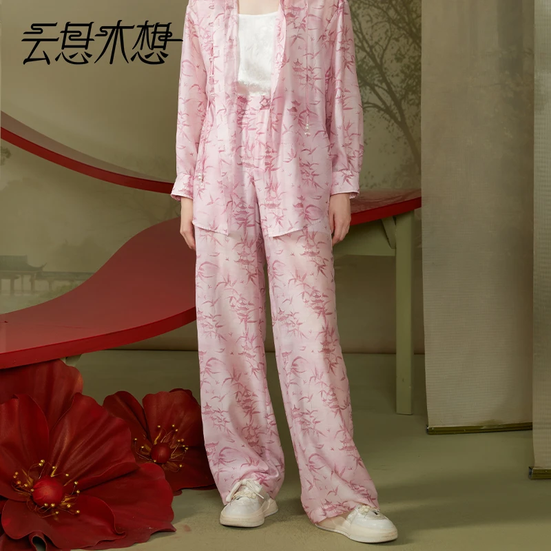 Ysimo-X云思木想新中式2024夏季新款后腰松紧腰印花休闲裤12059