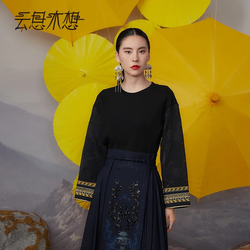 Ysimo-X云思木想 如意绵长 绣花提花袖两种穿法圆领拼接卫衣12476