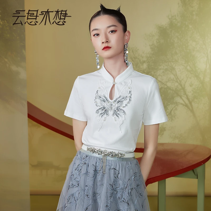 Ysimo-X云思木想新中式2024夏季蝴蝶绣花水滴镂空立领T恤11692