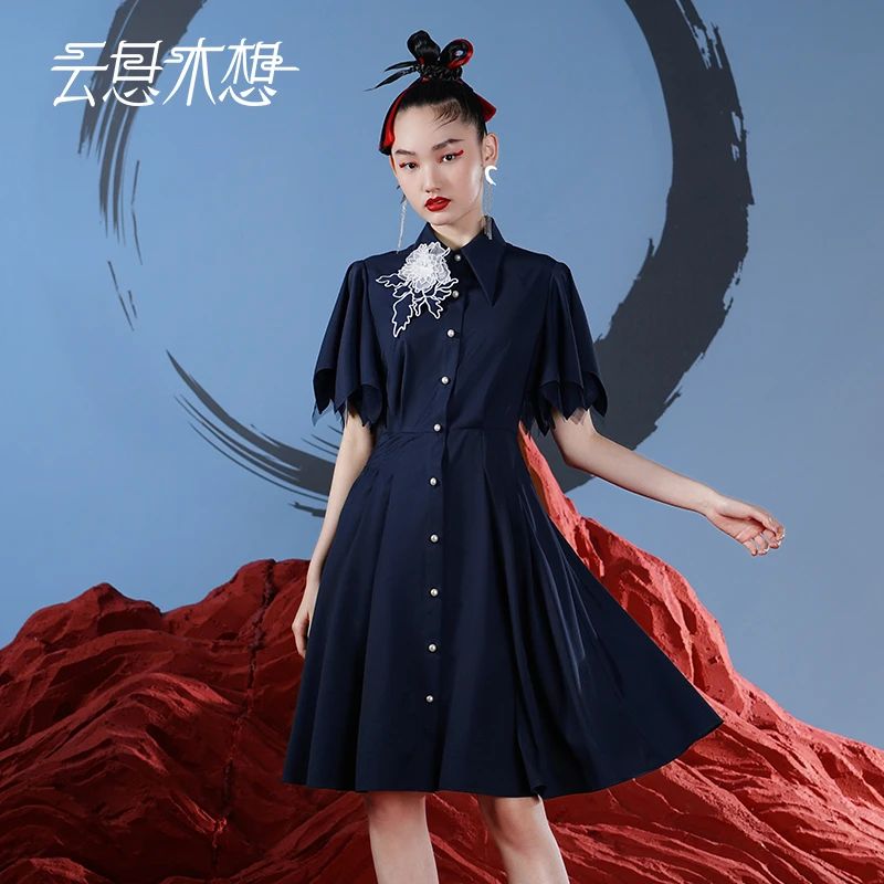 云思木想2023夏季新款绣花钉珠双层袖时尚女士连衣裙10488