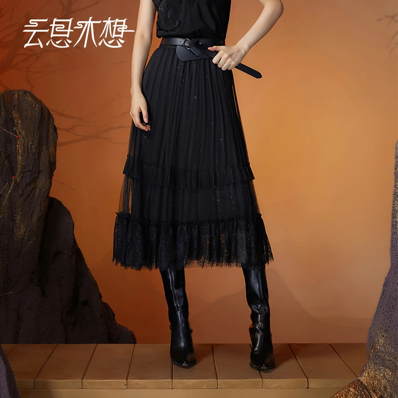 云思木想摩登中国风2023秋季新款蕾丝网纱拼接时尚半身裙10905