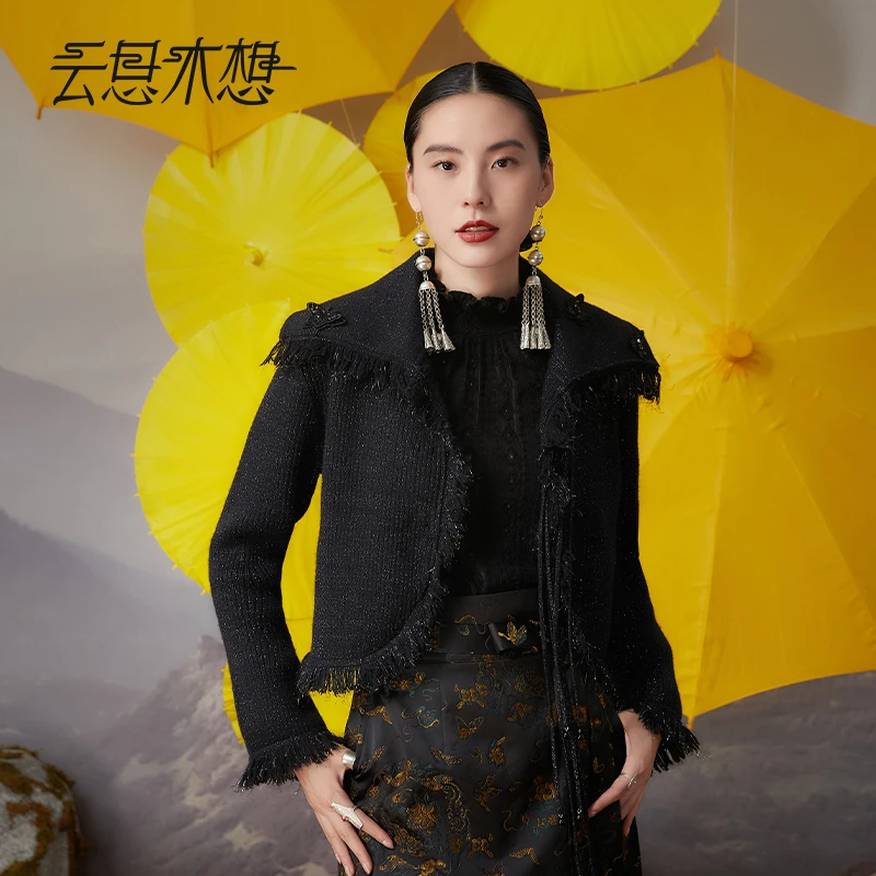 Ysimo-X云思木想 蓝幽梦蝶外套 蝴蝶绣花钉珠翻领毛针织外套12395