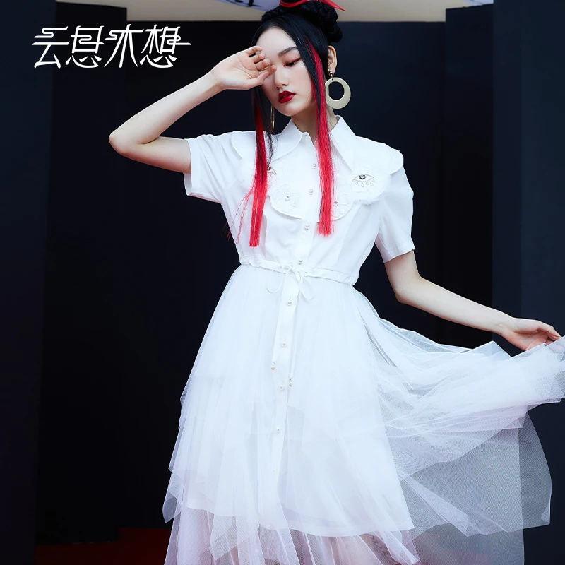 云思木想2023夏季新款云肩绣花+网纱拼接时尚设计连衣裙10467