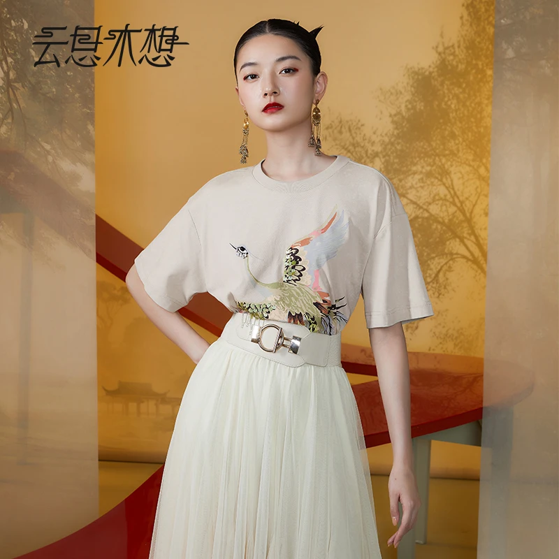 Ysimo-X云思木想新中式2024初夏新款飞逸仙鹤印花钉珠T恤11530