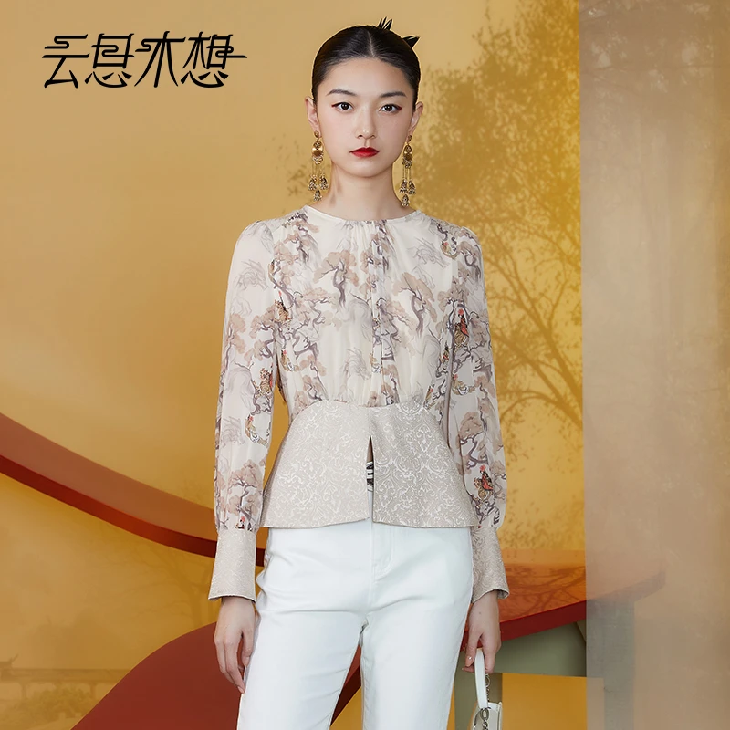 Ysimo-X云思木想新中式2024新款梦游赴约印花收腰拼接衬衫11599