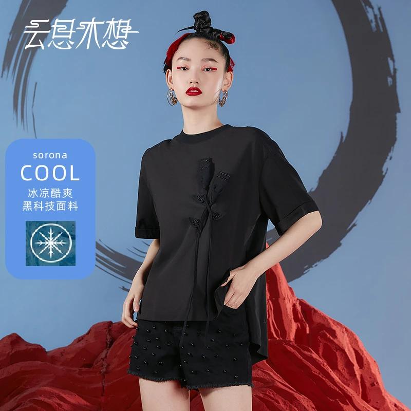 云思木想2023夏季新款手工立体花圆领宽松女士T恤10380