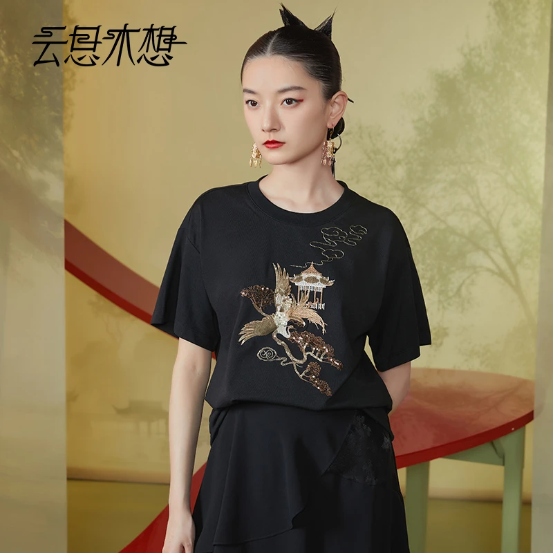Ysimo-X云思木想新中式2024夏季新款重工仙鹤云间绣花T恤11688