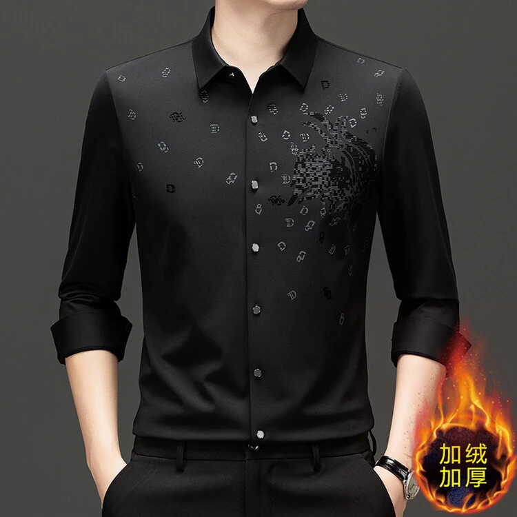 加绒加厚一体绒保暖加绒衬衫 透气弹力大码中年长袖衬衫高端气质