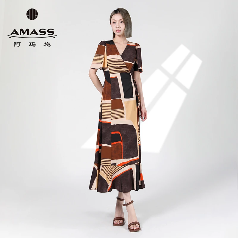 AMASS阿玛施2025夏新款浪漫法式荷叶裙摆花色鱼尾连衣裙5500532