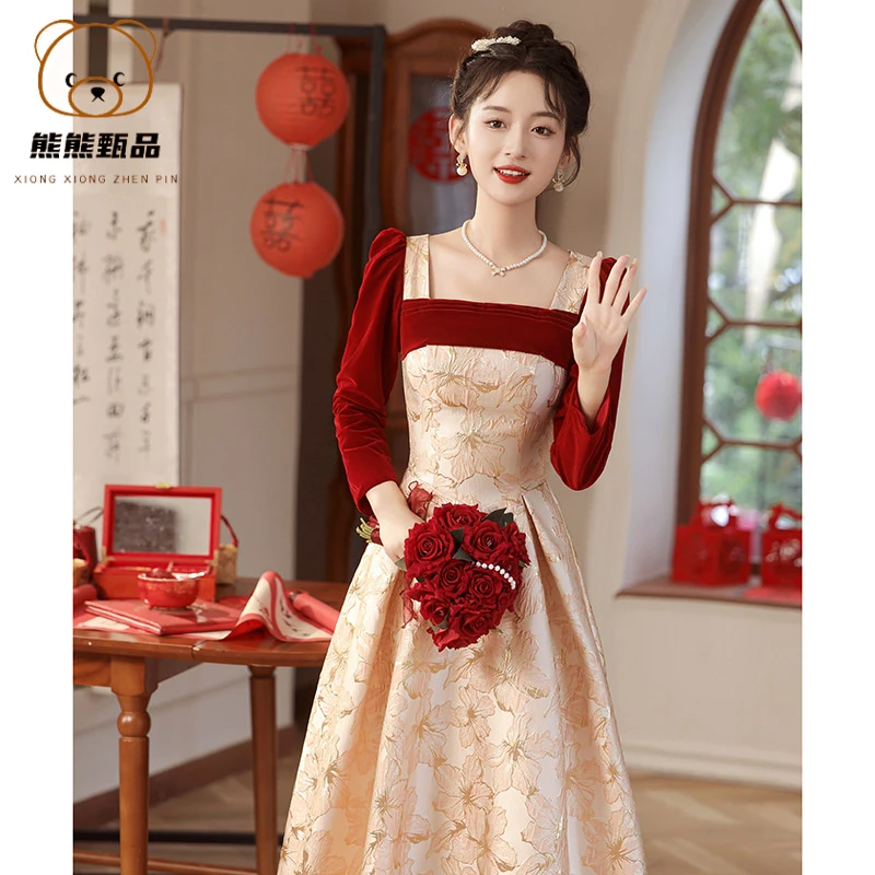 方领长袖敬酒服新娘2025新款平时可穿订婚裙结婚晚礼服女mdd