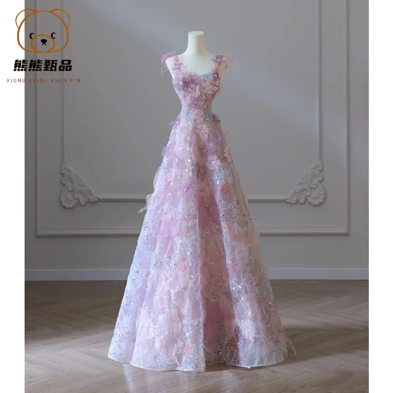 紫色花朵敬酒礼服2025新款秋重工女轻奢主持人生日宴会礼服yd