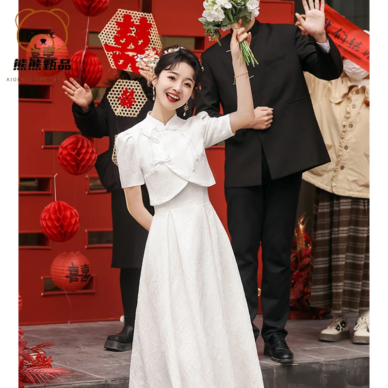 新中式订婚礼服平时可穿领证小白裙敬酒服轻登记衣服白色套装mdd