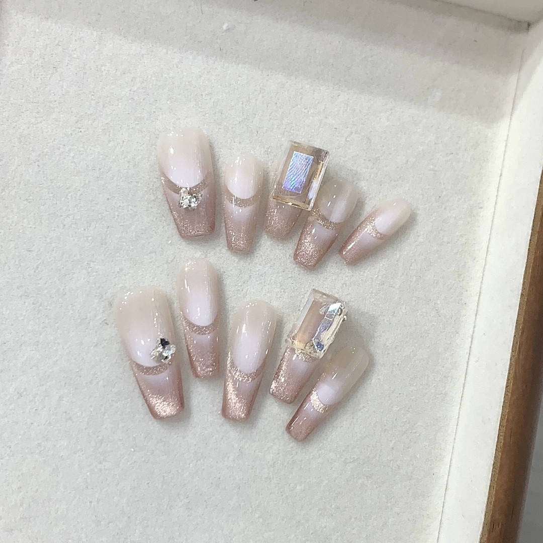 YG[粉透冰晶猫眼】纯手工穿戴甲成品显白千金法式绝美侧光指甲贴片
